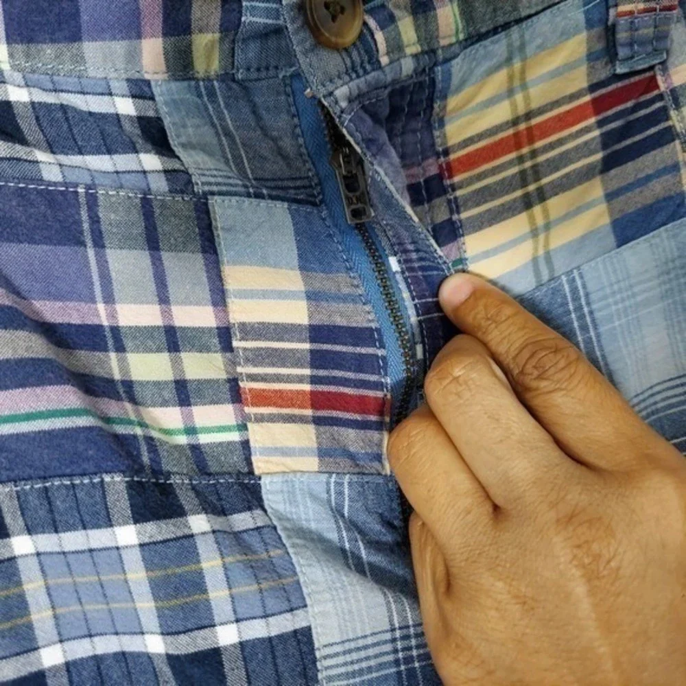 Old Navy Shorts Men 36 Blue Patchwork Plaid Flat Front Cotton Y2K Coastal Preppy